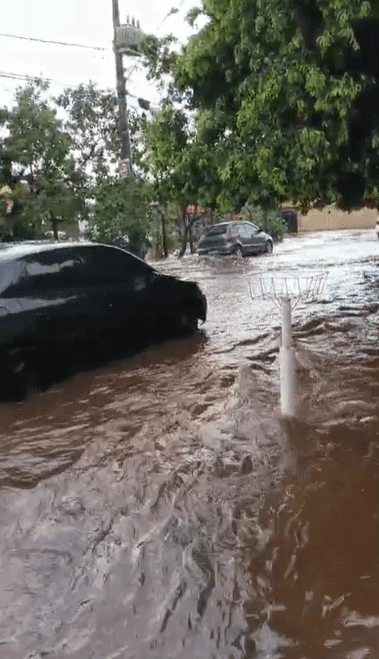 Chuva rápida provoca alagamento e transforma rua em rio em Ribeirão Preto; VÍDEO