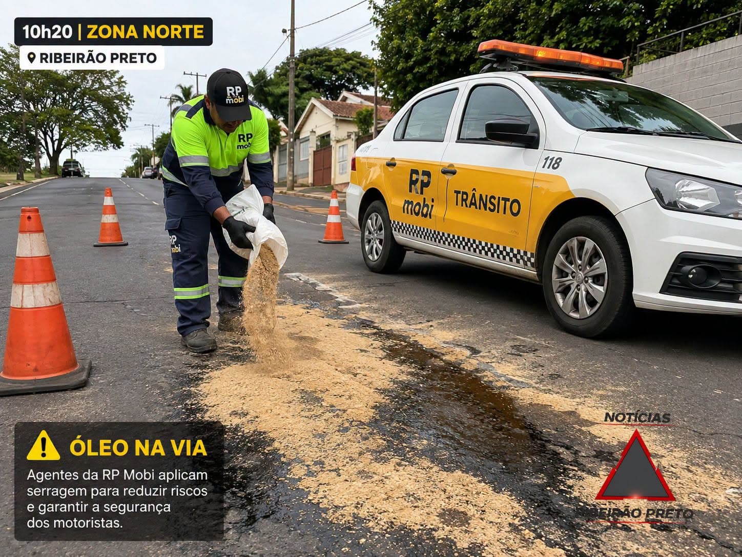 Óleo na pista exige atenção de motoristas na Zona Norte de Ribeirão Preto.