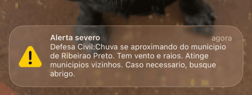 Tocou aí? Defesa Civil envia alerta severo para chuva, vento e raios em Ribeirão Preto