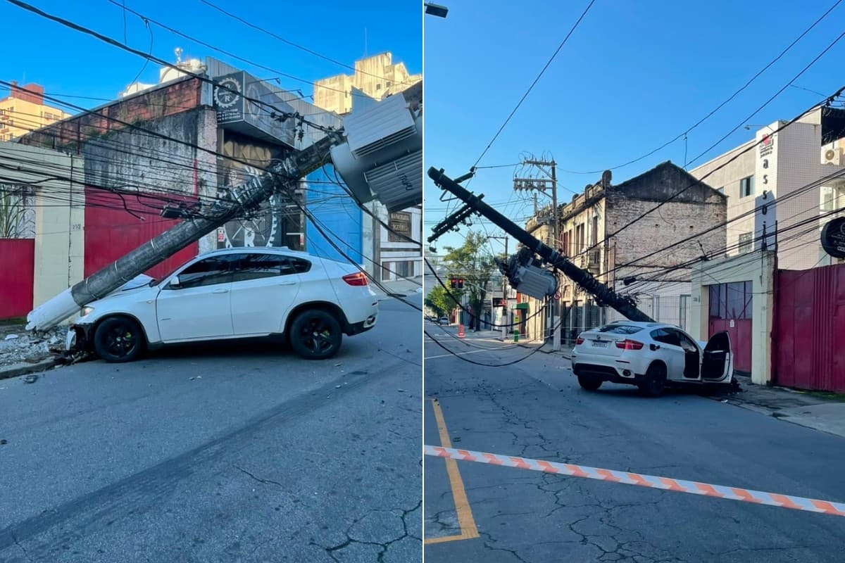 Motorista de BMW bate em poste, foge e causa apagão em Santos; VÍDEO