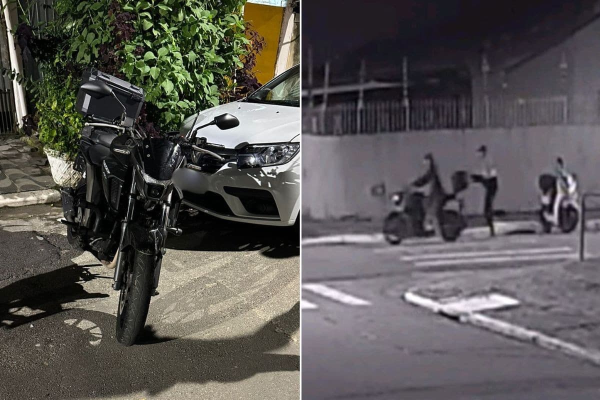 Jovens são flagrados empurrando moto furtada e acabam detidos no litoral de SP; VÍDEO