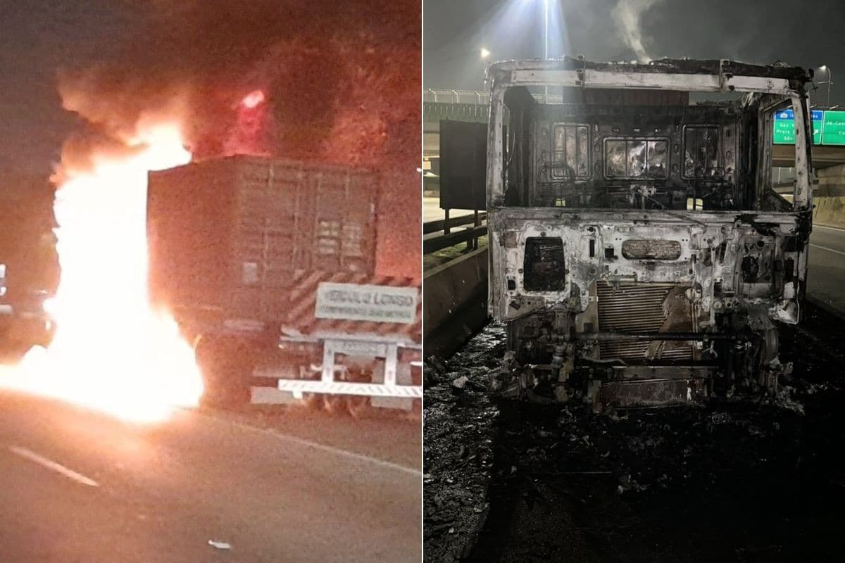 Carreta carregada com café pega fogo na rodovia Anchieta, em SP
