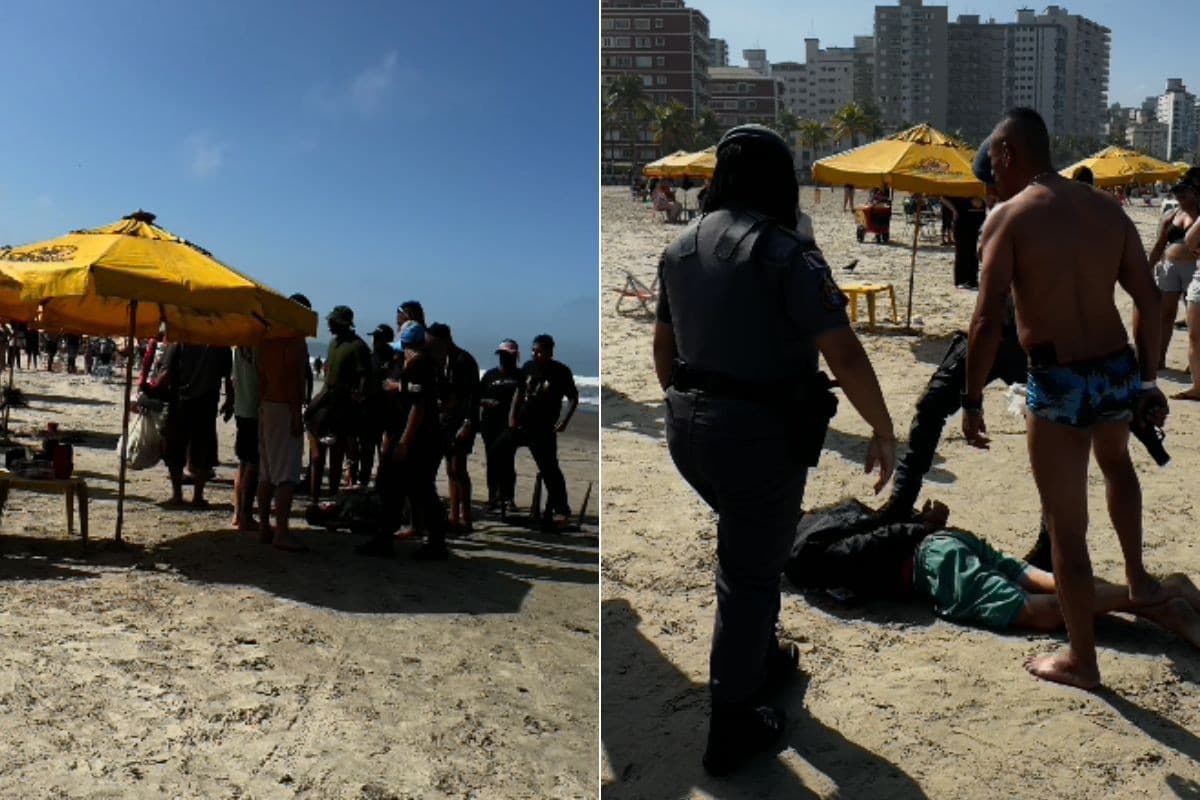 Homem é agredido e detido por banhistas após ameaçar mulher com faca em praia do litoral de SP; VÍDEO