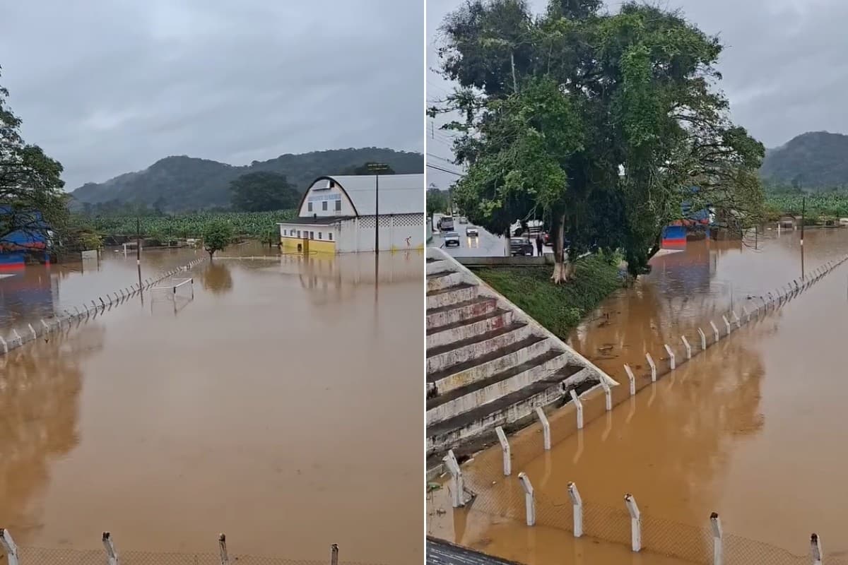 Casas, comércios e campo de futebol ficam embaixo d'água após cheia do Rio Ribeira em SP; VÍDEO