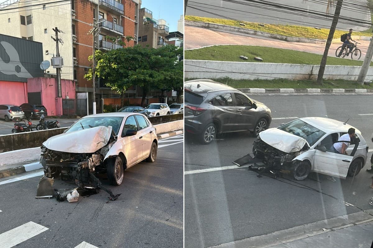 Carro fica destruído após bater em árvore no litoral de SP; VÍDEO