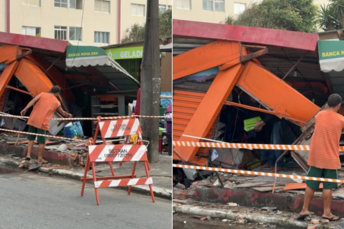 Carro invade calçada e destrói banca de jornal no litoral de SP; VÍDEO