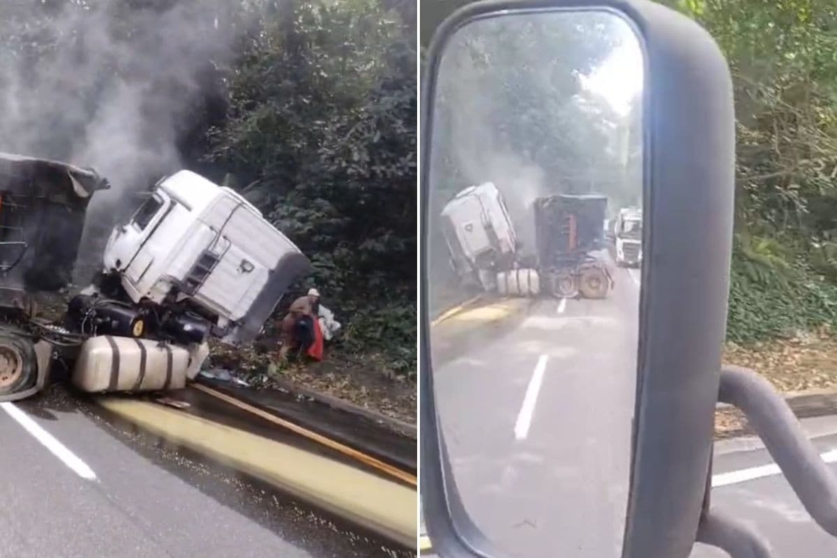 Caminhão perde freio, bate em barranco e causa lentidão na Rodovia Anchieta; VÍDEO