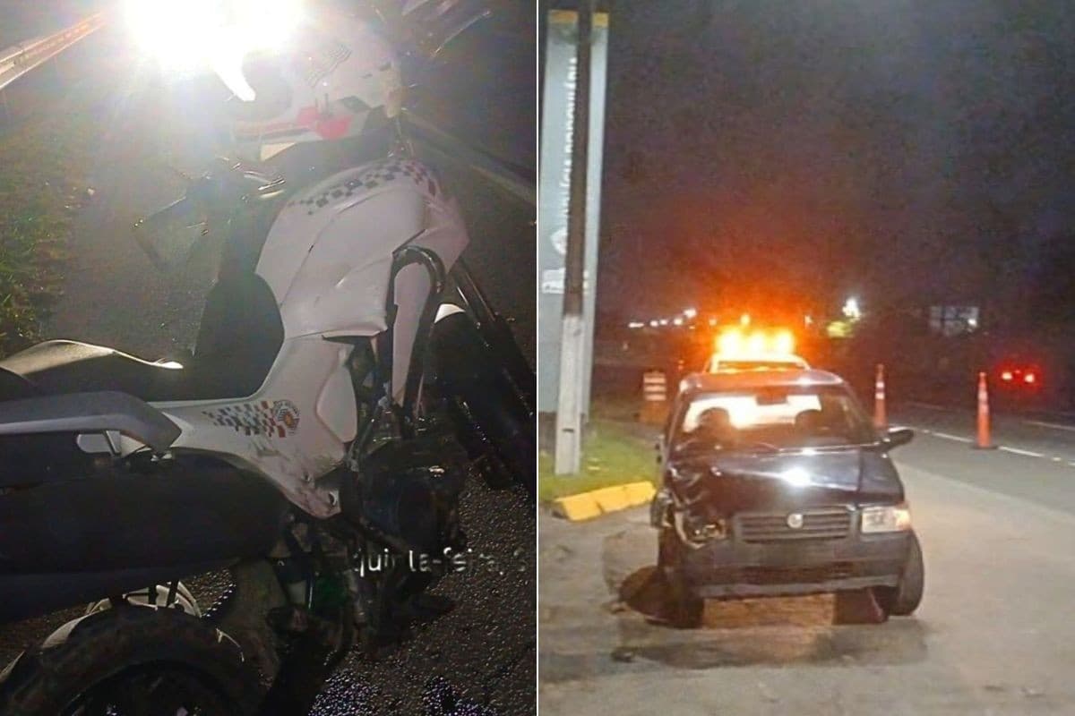 PM de moto fica ferido após entrar na contramão e ser atingido por carro na rodovia Pe. Manoel da Nóbrega, SP