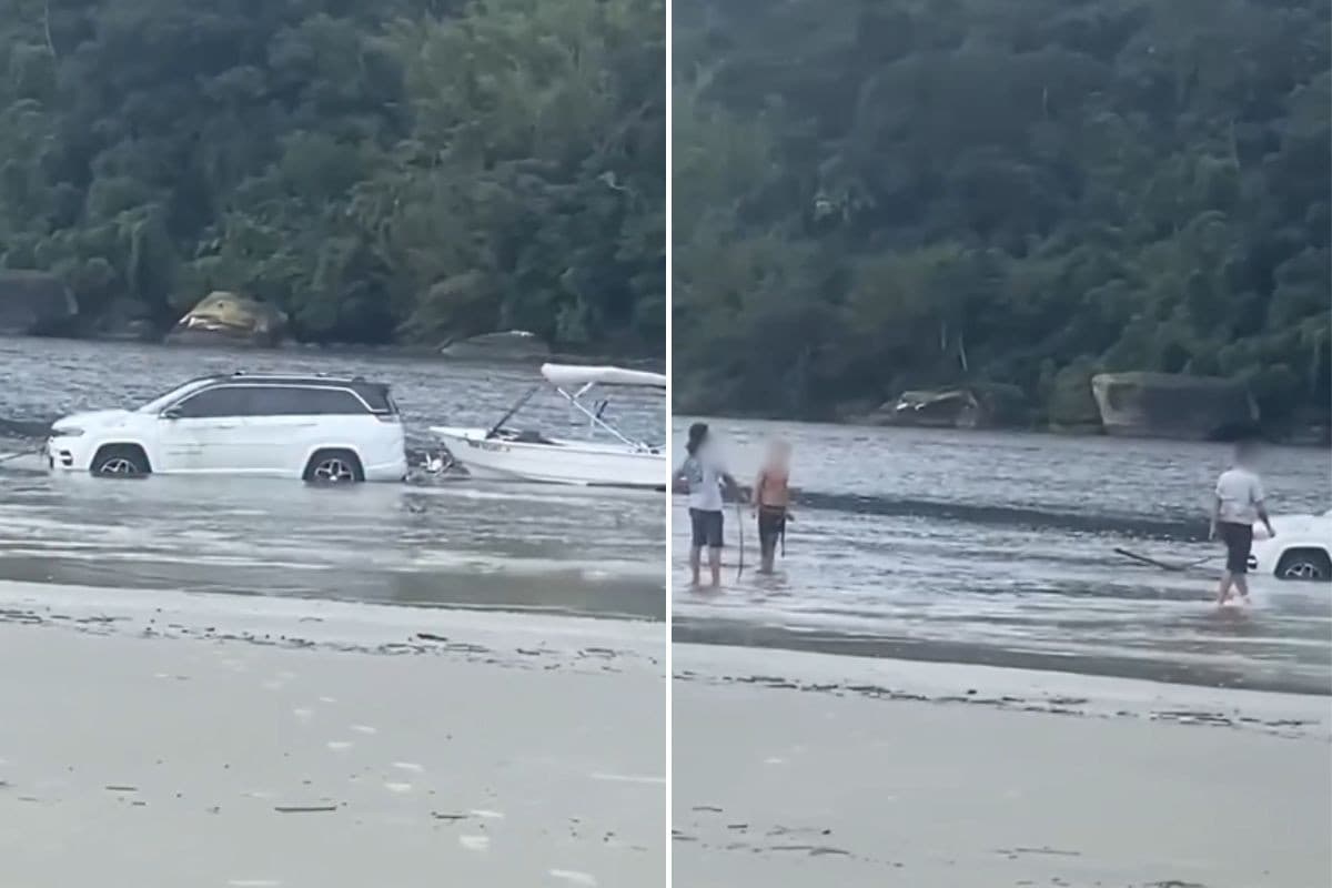 Carro atola em praia e fica parcialmente submerso no mar no litoral de SP; VÍDEO
