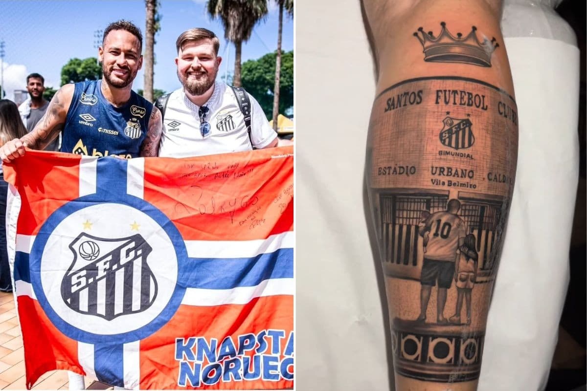 Norueguês apaixonado por Neymar tatuou Santos na perna e revela torcida para domingo