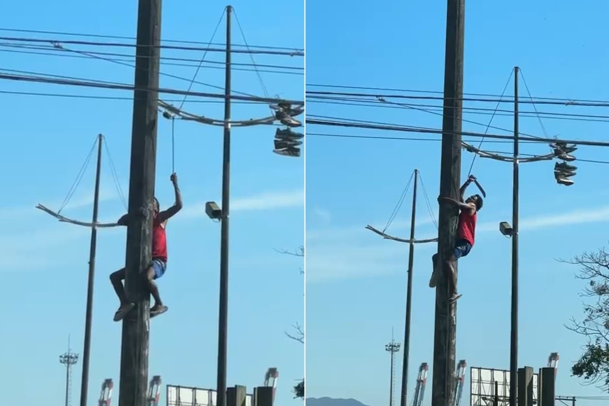 Homem escala poste e usa facão para cortar fios em Santos; VÍDEO